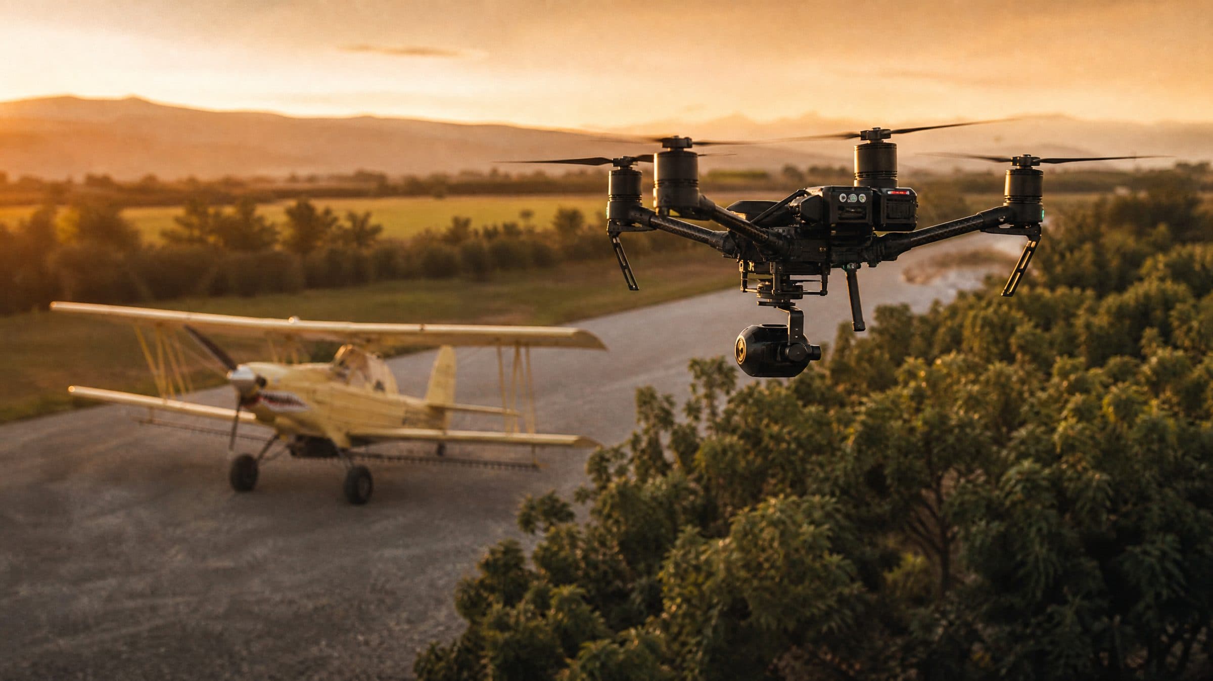 Survey drone hovering over an orchard